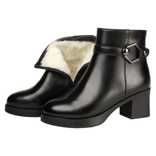 

boots full cowhide wool one fur warm snow women fashion elegant genuine leather shoes woman high heel, Black