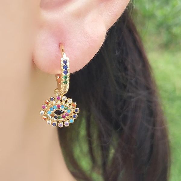 

hoop & huggie pretty cz turkish eye earrings huggies cute two piece earring mexican jewelry pendientes cristales colores rainbow, Golden;silver