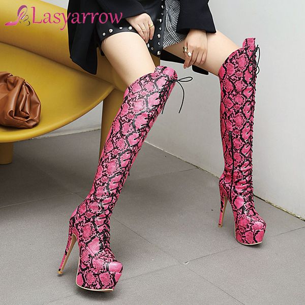 

lasyarrow girl pointed toe snake print high heels over the knee boots party knee high boots women heels shoes woman, Black