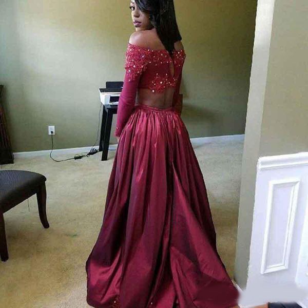 

2020 popular two pieces dark red prom dresses african black girls party dress off the shoulder long sleeves high split evening gowns, Black;red
