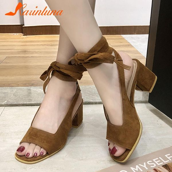 

karin 2020 new design big size 42 thick heels summer sandals woman shoes peep toe lace up concise ins dropship sandals, Black