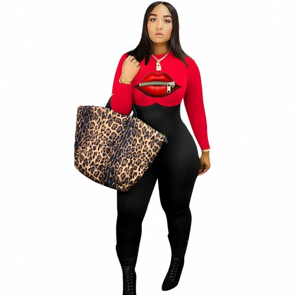 

2020 autumn new jumpsuits for women o neck long sleeve zipper rompers fashion casual red lip print color patchwork playsuit, Black;white