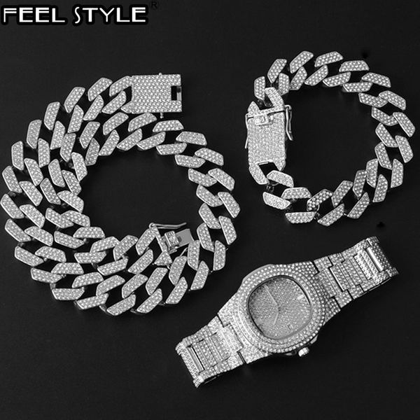 

hip hop 20mm 3pcs kit watch+necklace+bracelet bling + iced out alloy rhinestones prong cuban link chains for men jewelry, Silver