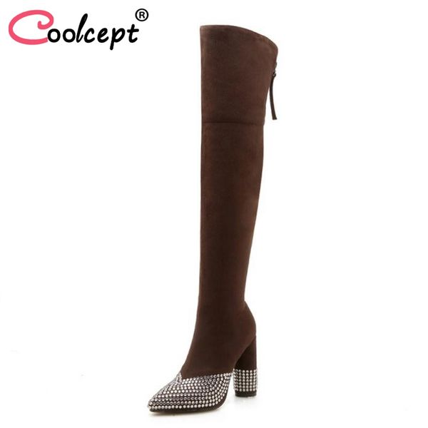 

coolcept plus size 33-46 women thigh high boots bling crystal warm fur winter shoes woman fashion zipper high heel boots, Black