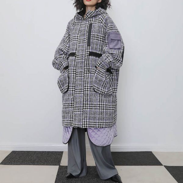 

seebeautiful new fashion 2020 spring plaid hooded long sleeve removable inner tank thick warm loose coat overcoat women q721, Black