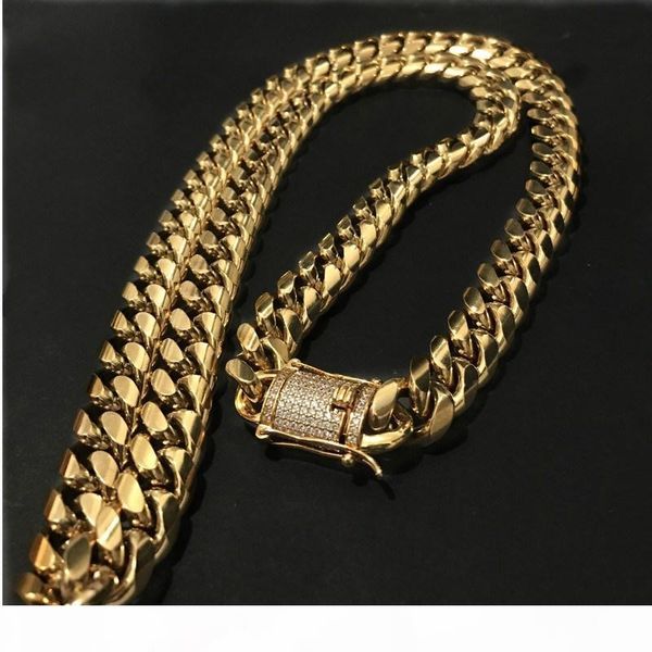 

fashion design 10mm wide mens cuban miami link necklace stainless steel cz clasp iced out gold hip hop chain jewelry, Silver