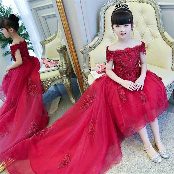 

long trailing flower girl princess dress birthday party wedding ball gown strapless girls formal gown kids first communion dress 0923, Red;yellow