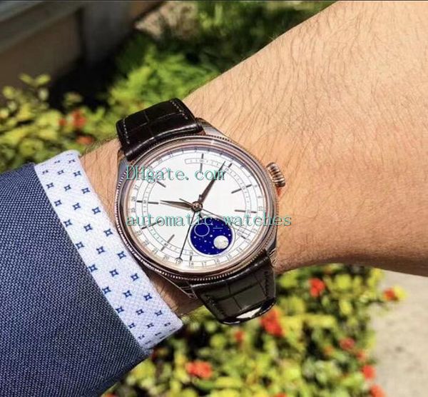 

men's luxury watches 39mm moon phase 18k gold white dial black leather strap m50535-0002 mechanical automatic fashion wristwatches, Slivery;brown