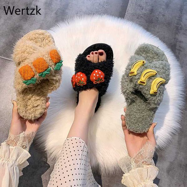 

slippers women plush home with faux fur warm shoes woman slip on flats cute strawberry female slides plus size 41 a984, Black