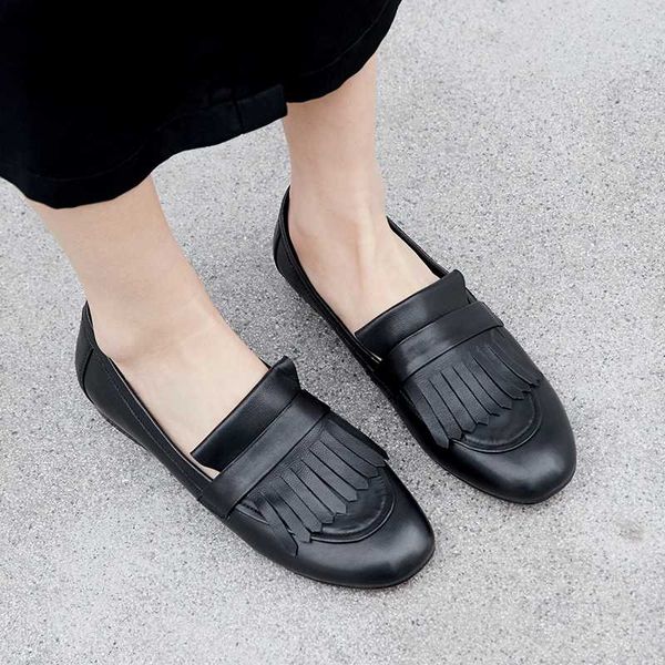 

european tassel loafers casual women's shoes genuine leather flat shoes women chaussures femme, Black