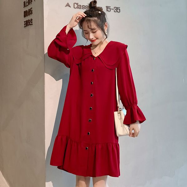 

plus size postpartum women lactation dress new year clothes long flare sleeve peter pan collar buttons breastfeeding dress, White