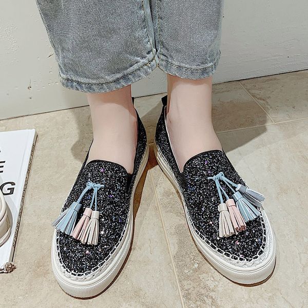 

plus size 35-44 women casual shoes fringed loafers flat on platform loafer bling slip on shoes female flats espadrilles 8240g, Black