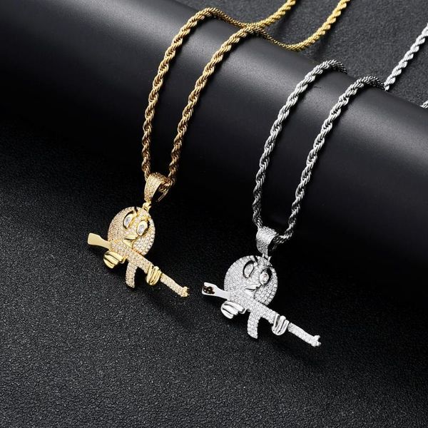 

ear hip hop jewelry men women cartoon expression grip gun charm necklace kolye cz iced out pendant wholesale, Silver