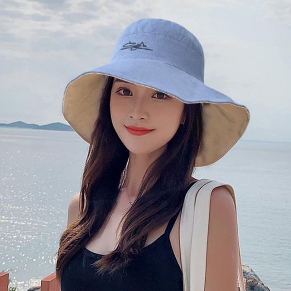 

summer fashion women girl sun protection foldable ladies wide outdoor leisure beach hats small chrysanthemum hat dropship, Blue;gray
