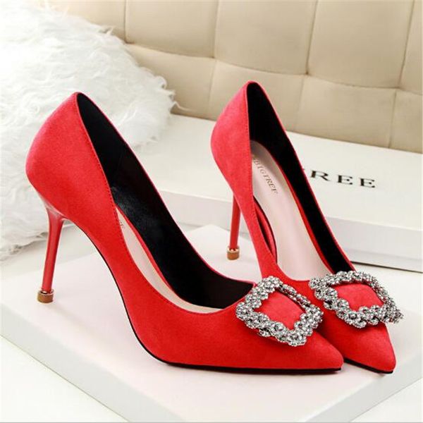 

new european style temperament women's shoes with high heel shallow mouth suede slim pedicure tip buckle rhinestone single shoes, Black