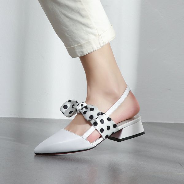 

genuine leather low heels shoes summer women pumps slingbacks thick heels poined toe dress shoes, Black