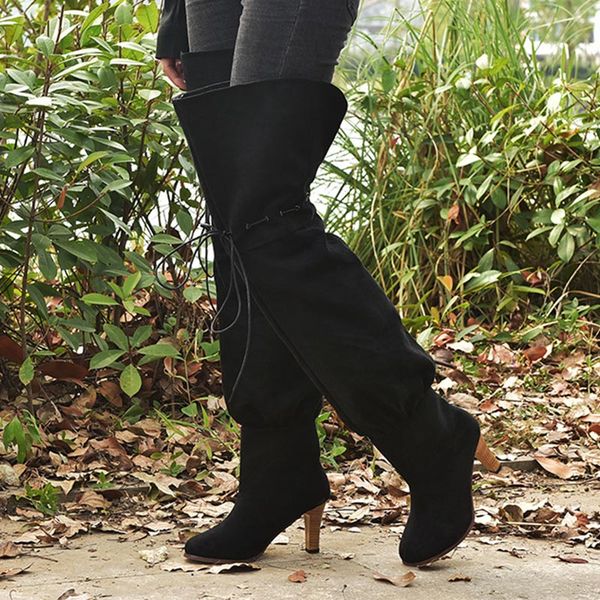

women winter over knee high boots ladies lace up thin high heels women's quality pu leather plus size woman female shoes, Black