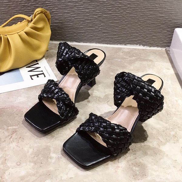 

fashion brand design women slipper thin high heels square toe sandal slipper summer ladies slide dress shoes plus size 35-41, Black