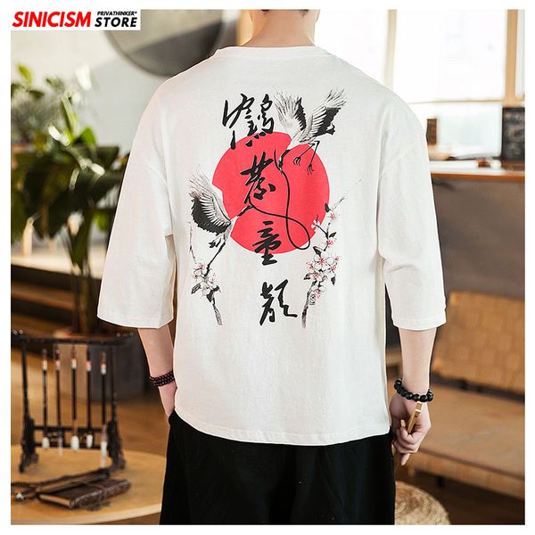 

men's t-shirts sinicism store 2021 men three quarter cotton tshirts summer oversize tees loose male clothes print chinese style, White;black
