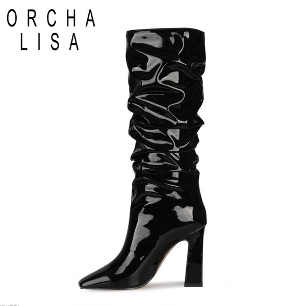

orcha lisa autumn genuine leather slouchy knee-high boots square toe block heel slouchy big size 34-45 black red party c1992