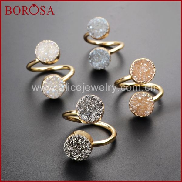 

borosa fashion 5pcs natural druzy double rings for women, round natural titanium drusy ring gems as gift g1155, Golden;silver