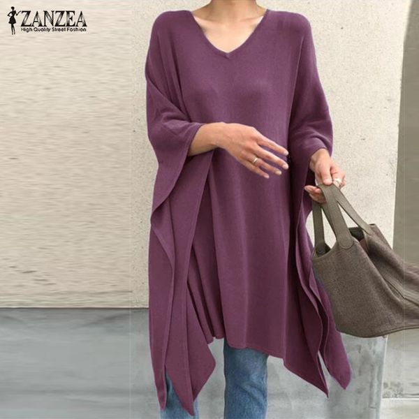 

zanzea fashion spring women's asymmetrical blouse casual 3/4 sleeve blusas poncho female v neck cape plus size tunic 200924, White