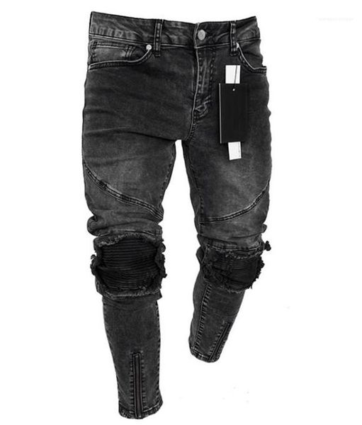 

designer jeans fashion ripped natural color pencil pants casual zipper fly skinny capris jeans mens clothes mens, Blue