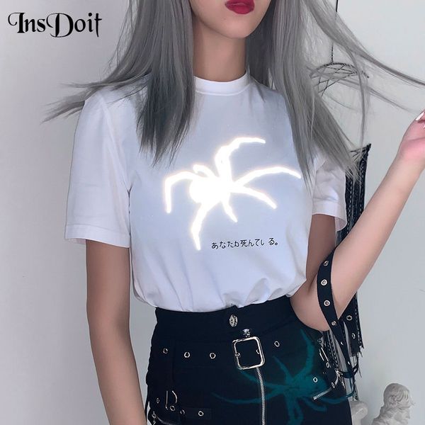 

insdoit gothic harajuku female oversized tshirt punk white reflective print o-neck t shirt short sleeve streetwear t-shirts
