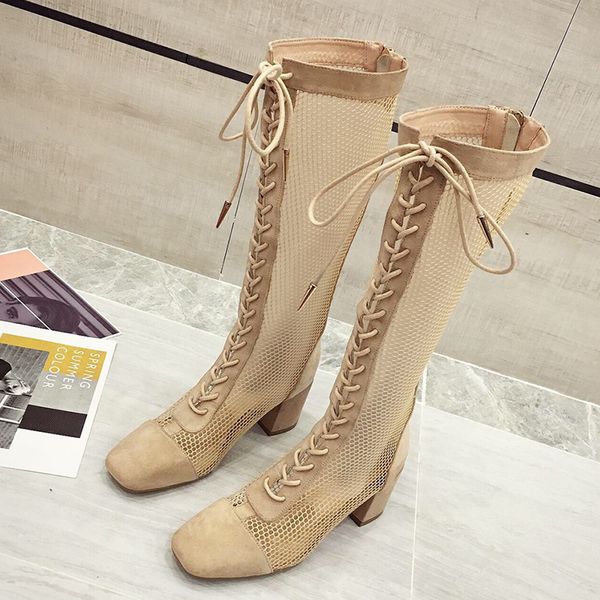 

trendingÂ women fashion 2020 winter lace up mesh boots metal zippers mid-calf boots flock square high heels ladies shoes, Black