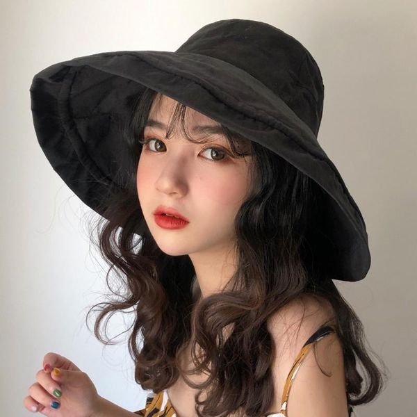 

new spring sun hat fashion foldable vintage pure women's beach sun hat female waves large sunbonnet fedoras hat#0318y30, Blue;gray