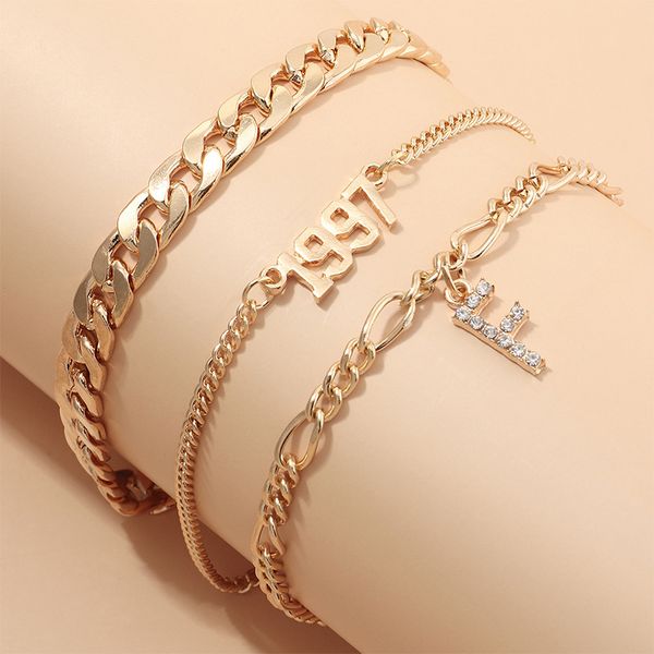 

rhinestone f alloy 1997 digital charm bracelets for women gold color 2020 fashion jewelry hand chains female punk style new, Golden;silver