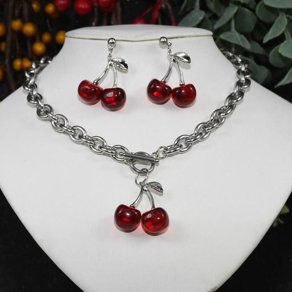 

shiny side new accessories acrylic cherry stud earrings for women stainless steel bracelet necklace earrings jewelry set, Silver