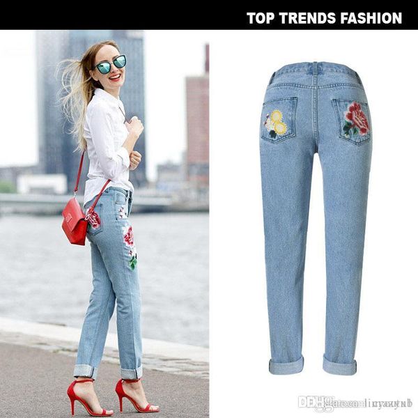 

2020 stretch embroidered jeans for women elastic flower female slim denim pants ripped rose pattern femme, Blue