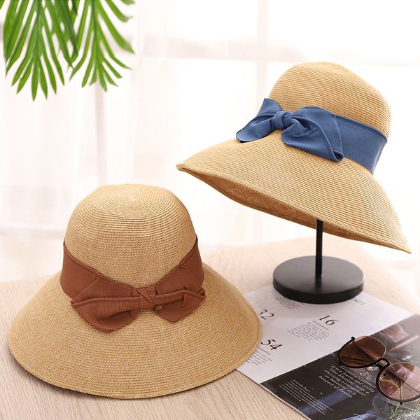 

women summer sun hats bow sunshade straw hat travel beach sunscreen hat casual fisherman wholesale, Blue;gray