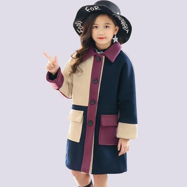 

girls coat patchwork wool coat for girl single-breasted winter jacket for girls autumn casual clothes 6 8 10 12 14, Blue;gray