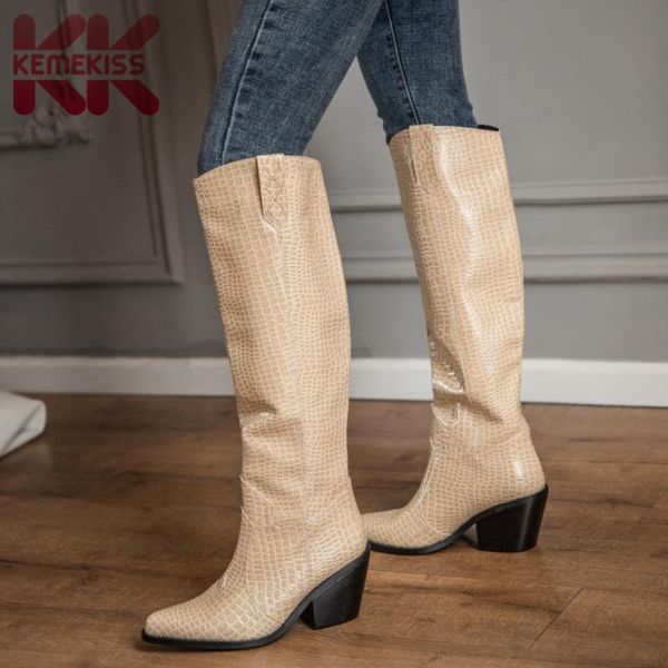 

boots kemekiss women knee fashion stone print thick heel winter shoes woman warm long boot pointed toe daily footwear size 34-43, Black