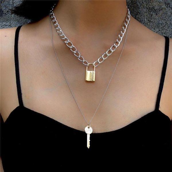 

key lock necklace chokers gold chains multilayer necklaces fashion jewelry women necklace love lock pendant fashion, Silver