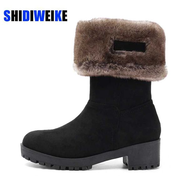 

boots women winter fur warm snow ladies square heel booties ankle boot comfortable shoes plus size 43 casual mid, Black