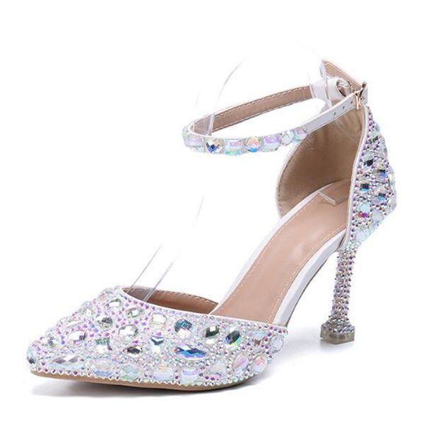 

thin high heels shoes women pumps women sequined cloth buckle strap pointed toe dress office & career party wedding rhinestones, Black