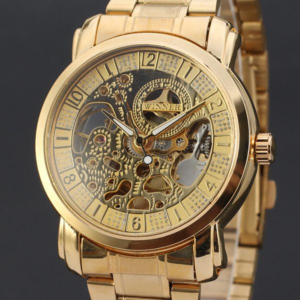 

50pcs/lot winner-d159 gold strap mechanical watch skeleton winner watch hollow out stainless steel for men, Slivery;brown