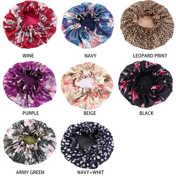 

large satin linned sleep caps women leopard print double-sided reversible bonnet hat silky night sleep cover cap ladies hair styling tool, Blue;gray