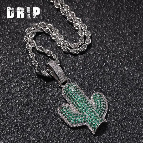

pendant necklaces desert plant cactus micro zircon cz pave iced out bling women hiphop punk cute lovely necklace chain charm jewelry, Silver