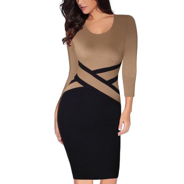 

casual dresses ostrich knee length women dress o neck pencil three sleeve ladies elegant autumn patchwork vestidos 807, Black;gray