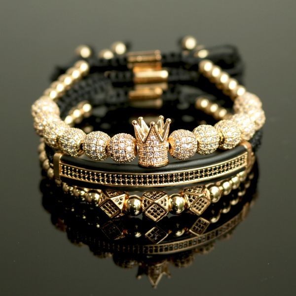 

3pcs/set hip hop gold crown bracelets 8mm cubic micro pave cz ball charm braided braiding man luxury jewelry pulseira bileklik y200730, Black