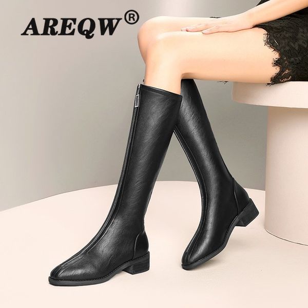 

женские сапоги новая зимняя мода круглая голова zipper плюша на низком каблуке high tube женская обувь высота каблука, Black