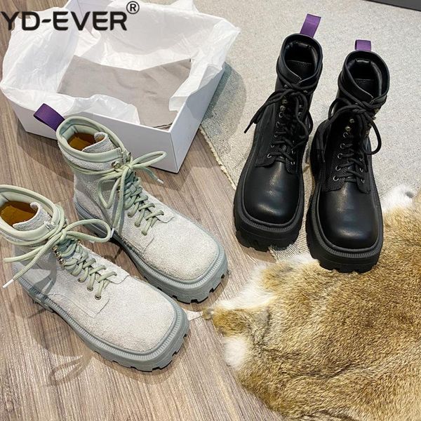 

punk fashion lace-up women boots chunky sole cow suede ankle boots autumn thick heel khaki black shoes for women