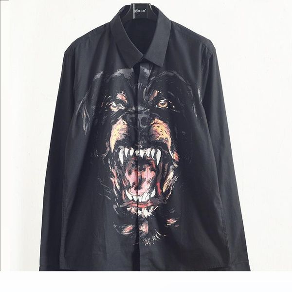 

fashion mens stylist long sleeve shirts black dog head print spring autumn shirts solid color men shirts t shirt, White;black