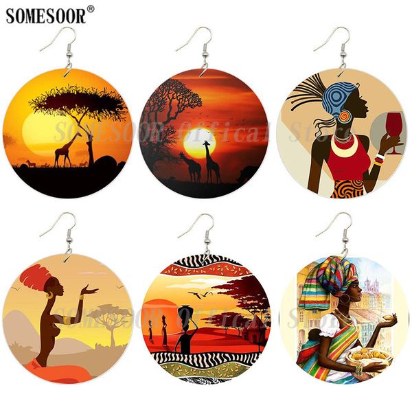 

somesoor african ethnic eco animal wooden drop earrings headwrap woman tribal giraffe design both sides printed for women gifts, Silver