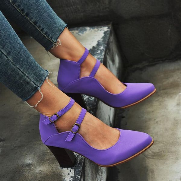

2020 new autumn women's high heels fashion buckle square heel shoes pointed high heel casual pu women's shoes zapatos de mujer, Black