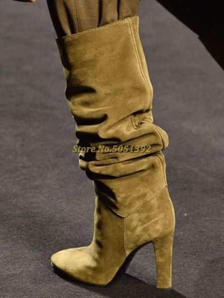 

suede slouchy winter women boots square heel pointed toe slip on dress women boots solid high heel round toe dress, Black